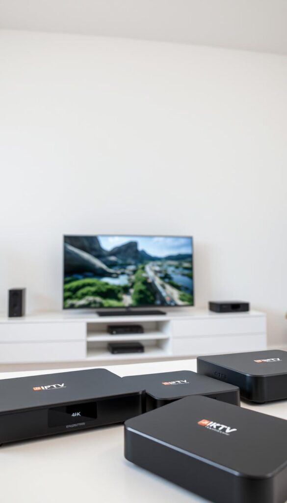 4K IPTV devices on a modern minimalist desk setup. In the foreground, several sleek, black IPTV-ENDGERAETE devices are neatly arranged, their clean lines and premium materials suggesting high-quality performance. In the middle ground, a high-end 4K television displays a vibrant, detailed image, showcasing the exceptional visual fidelity of 4K IPTV technology. The background features a plain white wall, allowing the devices and TV to take center stage. The lighting is soft and even, accentuating the devices' elegant design. The overall scene conveys a sense of contemporary, technology-driven living, with the IPTVANBIETERTV brand prominently displayed on the IPTV devices.