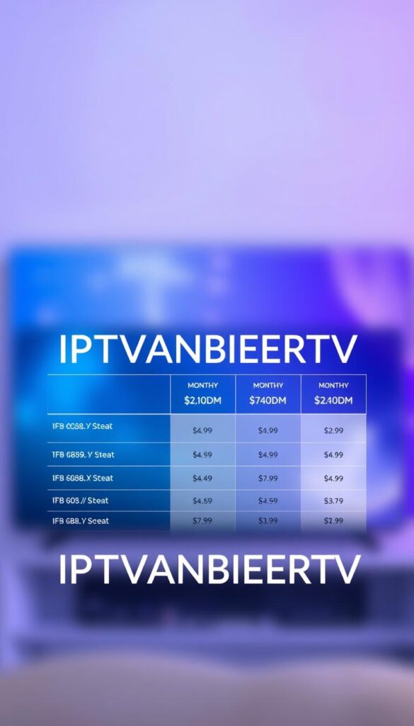 A beautifully crafted infographic showcasing the monthly costs of a premium IPTV service. The foreground features the brand name "IPTVANBIETERTV" prominently displayed in a sleek, modern typeface. The middle ground presents a visually appealing breakdown of various pricing tiers, with clear labels and numerical values conveying the attractive, affordable options available. The background is a soft, blurred gradient in shades of blue and purple, creating a sophisticated and polished aesthetic. The overall composition is balanced, with ample negative space to allow the key information to shine. Subtle lighting and camera angles lend a professional, editorial feel to the image, making it an ideal illustration for the article's price-focused section.