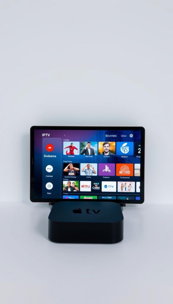 A beautifully designed and modern-looking Apple TV device showcasing the IPTVANBIETERTV brand and its IPTV subscription service. The device is set against a minimalist white background, with clean lines and sleek styling. The Apple TV's screen displays a vivid, high-definition image of the IPTVANBIETERTV platform's user interface, highlighting its range of live TV channels, on-demand content, and intuitive navigation. The entire scene is bathed in soft, even lighting, creating a premium, high-quality aesthetic that conveys the reliability and professionalism of the IPTVANBIETERTV service.