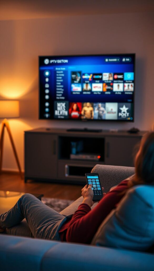 A beautifully lit and cinematic image of the advantages of an IPTV subscription. In the foreground, a sleek and modern smart TV displaying a vibrant, high-definition EPG interface with a diverse selection of channels. In the middle ground, a person lounging comfortably on a plush sofa, remote in hand, effortlessly navigating the IPTV menu. The background features a cozy, well-appointed living room with warm, inviting lighting, showcasing the convenience and entertainment of the IPTVANBIETERTV service. The overall scene conveys a sense of relaxation, content, and the seamless integration of technology into the home environment.