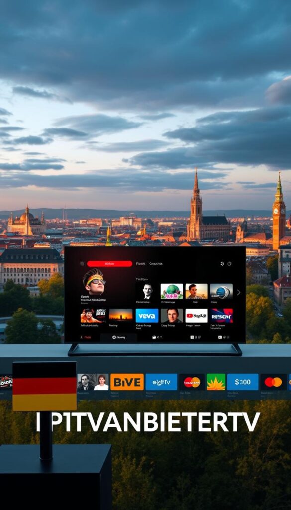 A breathtaking landscape of German television channels streaming online, showcasing the vibrant world of IPTV. In the foreground, the iconic IPTVANBIETERTV logo stands tall, a beacon of high-quality entertainment. The middle ground features a sleek, modern interface with a diverse array of channel options, inviting viewers to explore the vast selection. In the background, a panoramic view of Germany's iconic landmarks, bathed in warm, golden lighting, creating a sense of national pride and connection. The scene conveys the convenience and accessibility of accessing German television channels from anywhere, seamlessly integrating technology and culture.