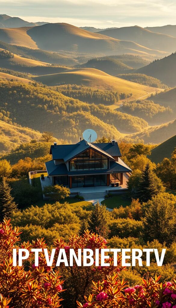 A breathtaking landscape of rolling hills and lush forests, bathed in warm, golden sunlight. In the center, a sleek, modern home with floor-to-ceiling windows, surrounded by a perfectly manicured garden. Atop the roof, a satellite dish elegantly blends with the architecture, symbolizing the cutting-edge IPTV technology within. The scene exudes a sense of comfort, sophistication, and technological prowess. In the foreground, the words "IPTVANBIETERTV" hover, showcasing the premium IPTV service provider that powers this smart home oasis.