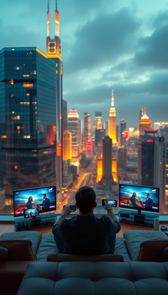 A breathtaking, ultra-realistic image of "IPTV Flexibilität". Showcase a vast, futuristic city skyline with towering skyscrapers and vibrant neon lights, reflecting off a shimmering glass facade. In the foreground, a sleek, modern apartment with floor-to-ceiling windows, showcasing a person casually watching multiple IPTVANBIETERTV screens on various devices, symbolizing the flexibility and convenience of IPTV. Soft, warm lighting illuminates the scene, creating a cozy, inviting atmosphere. The image should convey a sense of technological advancement, seamless integration, and the ability to access content from anywhere. Capture the essence of the "Vorteile von IPTV gegenüber traditionellen TV-Diensten" section.