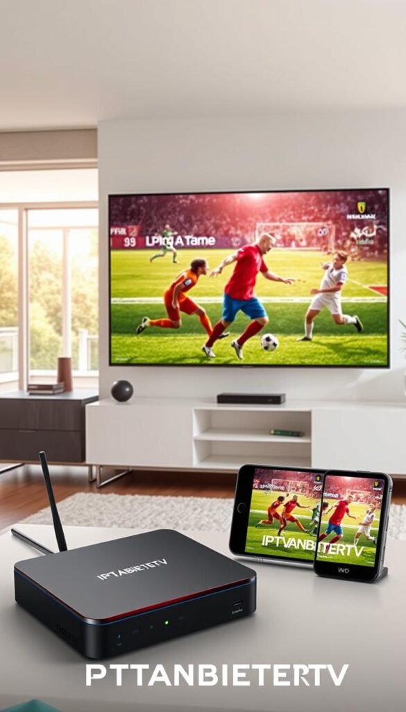 A bright and dynamic image showcasing the versatility of IPTVANBIETERTV's sports streaming capabilities. Set in a modern living room, the foreground features a large, high-definition TV displaying a thrilling soccer match, with players in vivid detail. The middle ground showcases a variety of streaming devices, including a sleek IPTVANBIETERTV set-top box, smartphone, and tablet, all seamlessly connected and delivering the same live sports action. The background depicts an open, airy space with large windows, allowing natural light to flood the scene and create a sense of immersion. The overall mood is one of excitement and convenience, highlighting how IPTVANBIETERTV empowers users to enjoy their favorite sports anywhere, on any device.