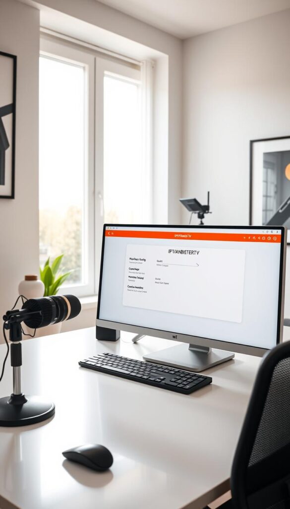 A bright, modern home office setup featuring a sleek desktop computer, a high-quality microphone, and a large, high-resolution display showcasing the IPTVANBIETERTV logo. The desk is organized with a clean, minimalist aesthetic, and the room is illuminated by natural light flooding in through large windows. The walls are adorned with modern art pieces, creating a stylish and professional atmosphere. The computer's screen displays a simple, intuitive interface for setting up and configuring an IPTV service, reflecting the ease and convenience of the IPTVANBIETERTV platform.