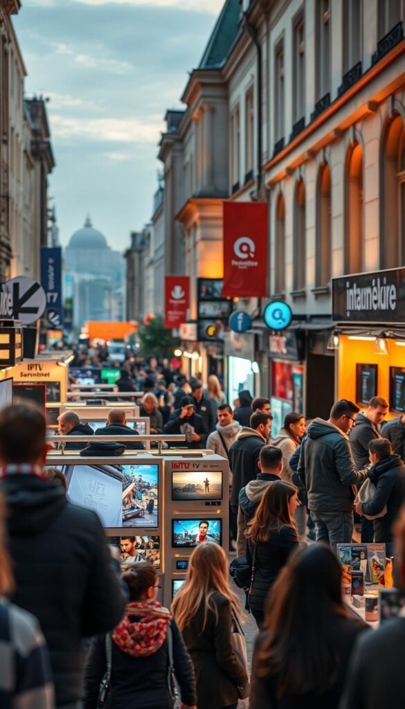 A bustling Berlin street market, the IPTV Markt Berlin, showcases a vibrant array of IPTVANBIETERTV offerings. Sleek, modern displays present the latest IPTV technology, while knowledgeable vendors engage with potential customers. Warm, diffused lighting illuminates the scene, casting a cozy atmosphere. In the middle ground, a diverse crowd of tech-savvy Berliners explores the various IPTV packages and features. The background reveals the iconic architecture of the city, hinting at the cosmopolitan nature of this thriving IPTV marketplace. An overall sense of energy and excitement permeates the image, capturing the essence of the IPTV industry in the heart of Berlin.