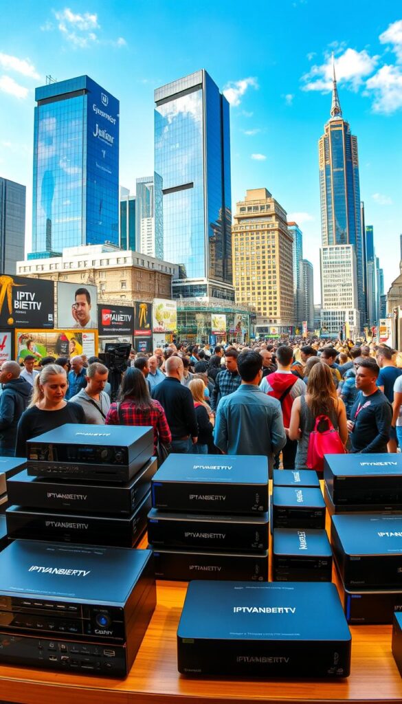 A bustling IPTV-Markt in Deutschland, captured in a vivid wide-angle shot. In the foreground, an array of digital devices and streaming boxes, each emblazoned with the brand "IPTVANBIETERTV", showcasing the latest IPTV technology. The middle ground features a diverse crowd of consumers, immersed in browsing and comparing IPTV service offerings. In the background, a modern cityscape with sleek high-rise buildings and bustling streets, reflecting the dynamic and rapidly evolving IPTV landscape in Germany. The scene is illuminated by a warm, natural lighting, creating a sense of energy and progression, as the IPTV market continues to expand and transform.