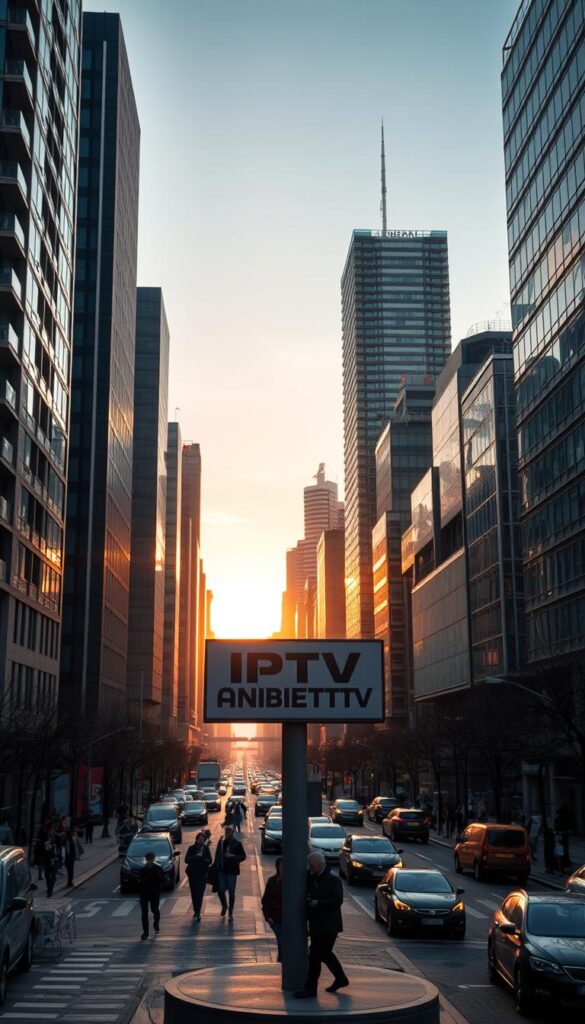 A bustling IPTV market in Germany, with a diverse array of service providers vying for attention. The scene depicts a cityscape, where modern high-rise buildings frame the landscape, casting long shadows and reflecting the golden hues of the setting sun. In the foreground, a prominent sign for "IPTVANBIETERTV" stands out, showcasing the variety of IPTV options available to consumers. Pedestrians and vehicles populate the streets, creating a sense of vibrant activity. The overall atmosphere conveys the dynamic and rapidly evolving nature of the German IPTV industry, ready to cater to the needs of tech-savvy consumers.