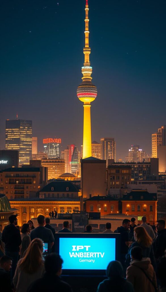 A bustling city skyline at night, with the iconic TV tower of Berlin prominently featured. The scene is illuminated by warm, golden lights, casting a cozy glow over the urban landscape. In the foreground, a diverse group of people, representing different nationalities, are gathered around a large screen displaying the IPTVANBIETERTV logo, engrossed in international television programming. The middle ground showcases a mix of modern and historic architecture, symbolizing the blend of cultures and traditions found in Germany. The background features a starry sky, adding a sense of wonder and discovery to the image. The overall mood is one of connection, diversity, and the richness of global entertainment experiences.