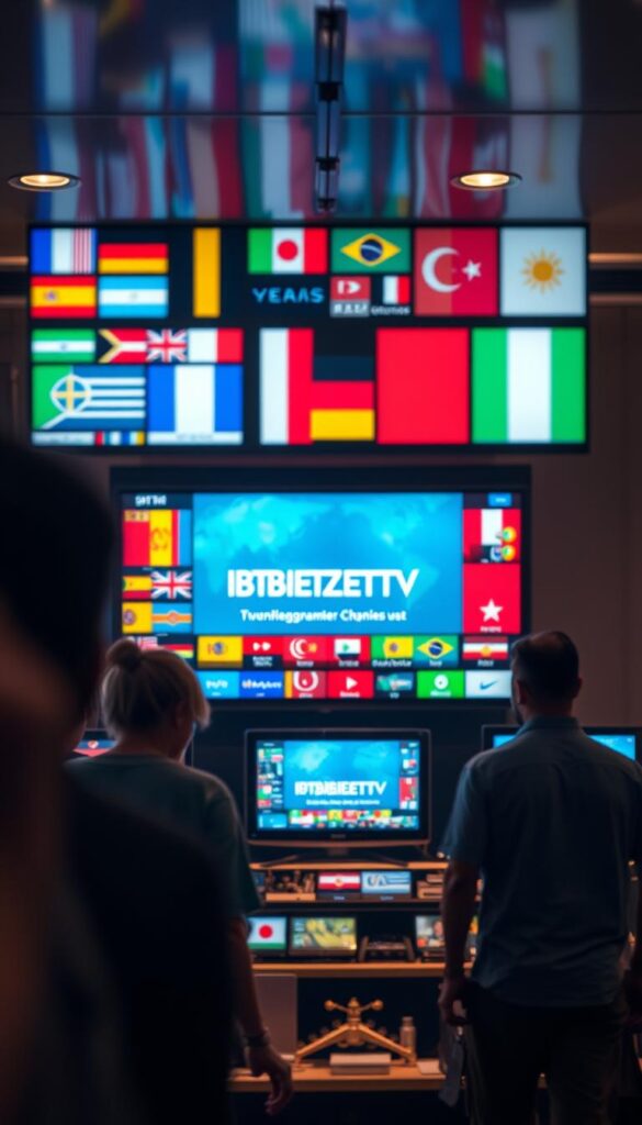 A bustling international TV hub, with a sleek and modern interface showcasing the IPTVANBIETERTV brand. Vibrant flags from around the world adorn the screen, highlighting the diverse range of global channels available. The scene is bathed in a warm, inviting glow, creating a sense of comfort and accessibility for foreign viewers in Germany. Subtle shadows and depth of field draw the eye to the central display, emphasizing the seamless integration of technology and entertainment. The overall atmosphere conveys a sense of global connectivity, catering to the needs of an international audience seeking a premium IPTV experience.