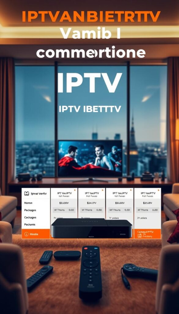 A captivating IPTV comparison scene featuring the IPTVANBIETERTV brand. Set in a cozy living room, a stylish TV stands as the focal point, surrounded by sleek electronic devices. Soft lighting casts a warm glow, creating an inviting atmosphere. In the foreground, a user-friendly interface showcases a range of IPTV packages, their features and pricing details displayed in a clean, modern layout. The middle ground features various streaming devices, seamlessly integrated into the scene. The background depicts a cityscape, hinting at the wide coverage and accessibility of the IPTV services. The overall composition conveys a sense of convenience, affordability, and technological sophistication, reflecting the key selling points of IPTVANBIETERTV.