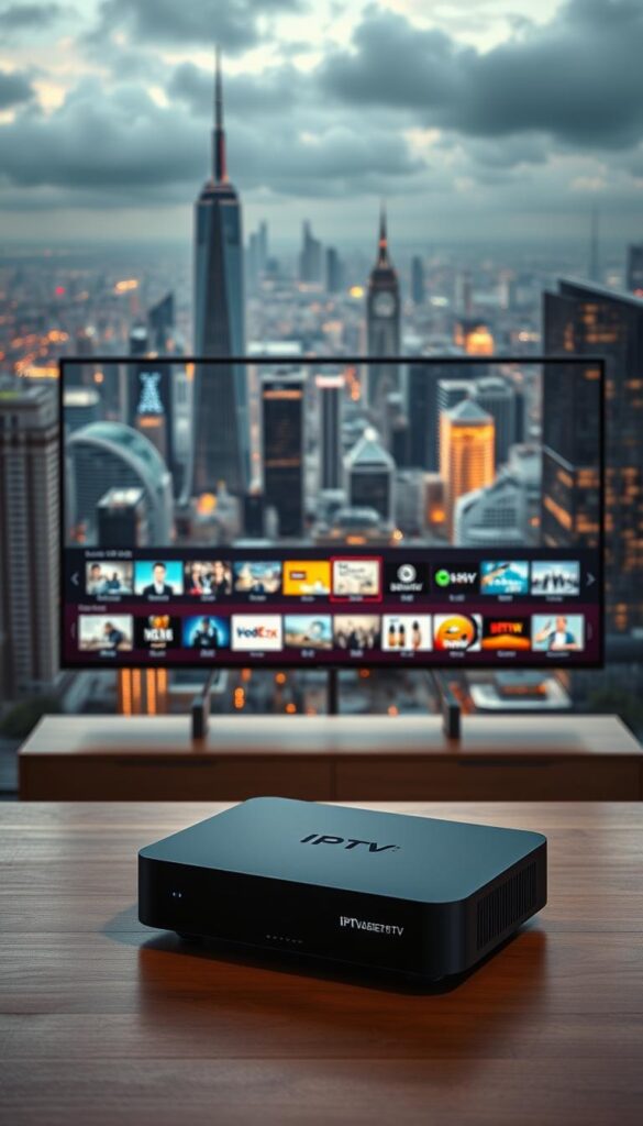 A captivating cinematic landscape showcasing the future of television, "IPTV Deutschland". In the foreground, a sleek and modern IPTVANBIETERTV device rests on a minimalist wooden table, its LED indicators softly glowing. The middle ground features a large, high-definition display panel, its screen filled with a diverse array of streaming channels and services. The background is dominated by a sprawling cityscape, its towering skyscrapers and modern infrastructure bathed in a warm, golden light, symbolizing the technological advancements that have revolutionized the way we consume media. The scene exudes a sense of innovation, progress, and the seamless integration of IPTV technology into the everyday lives of German households.