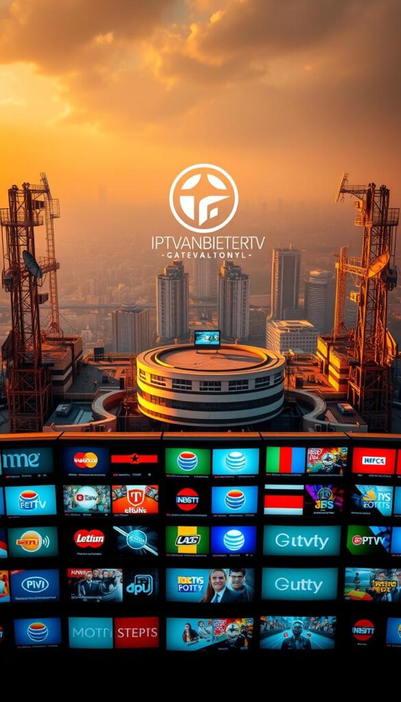 A cinematic aerial view of a sprawling TV studio complex with multiple satellite dishes, broadcasting towers, and a large IPTVANBIETERTV logo prominently displayed. The scene is bathed in warm, golden lighting, conveying a sense of prestige and authority. In the foreground, a grid of high-definition TV screens showcases a diverse array of German IPTV channels, their logos and content clearly visible. The background features a cityscape of modern skyscrapers, hinting at the technological prowess behind the IPTV service. The overall mood is one of professionalism, reliability, and comprehensive coverage of the German television landscape.