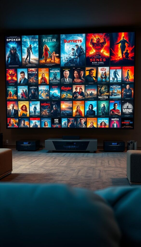 A cinematic and immersive visual experience showcasing the extensive selection of films and series available on IPTVANBIETERTV's IPTV Deutschland platform. In the foreground, a large, high-definition screen displays a variety of movie and TV show posters, each with vivid colors and striking imagery that captivates the viewer. The middle ground features a sleek, modern home entertainment setup, complete with a state-of-the-art media center and surround sound system, creating a true cinema-like atmosphere. In the background, a cozy living room setting with plush seating and warm lighting sets the mood for a comfortable and enjoyable viewing experience. The overall scene conveys a sense of quality, variety, and the ability to access a wide range of content on IPTVANBIETERTV's IPTV Deutschland platform.