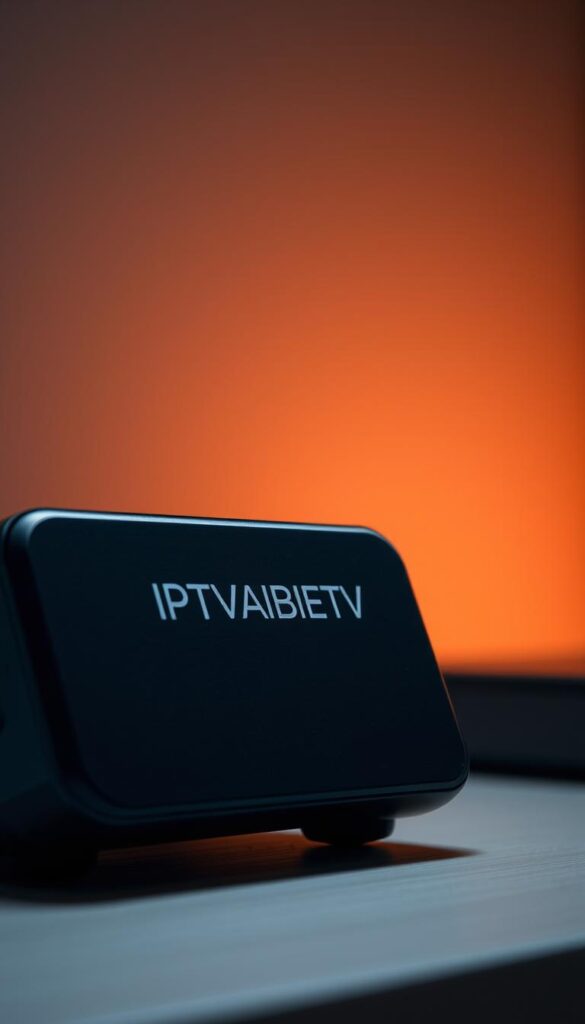 A cinematic, high-definition close-up of a streaming device displaying the IPTVANBIETERTV brand logo, showcasing its sleek, modern design. The device is positioned against a dimly lit, muted background, with soft, warm lighting highlighting its smooth surfaces and clean lines. The image conveys a sense of premium quality, technical sophistication, and a immersive viewing experience, reflecting the "Streaming-Qualität und technische Aspekte" of IPTV services.