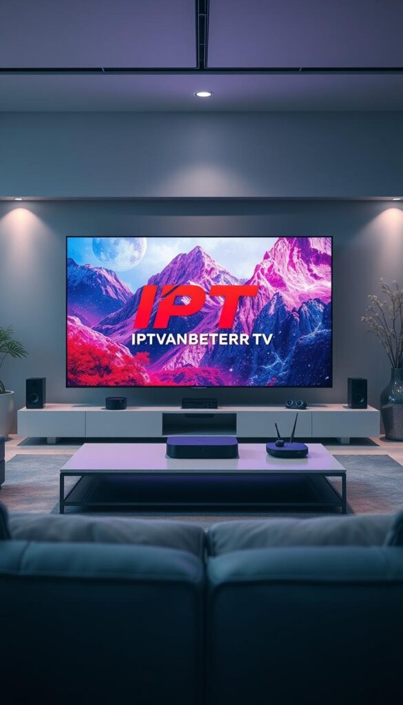 A cinematic, high-quality image of IPTV streaming quality showcasing sharp details, vibrant colors, and technical sophistication. Set in a modern, minimalist interior with clean lines and sleek surfaces. Prominently featured is the IPTVANBIETERTV brand logo, rendered in a bold, high-contrast style. The foreground depicts a large, high-definition television screen displaying a visually stunning, immersive streaming experience. The middle ground features various smart home devices and media consoles, conveying the advanced technological integration. The background subtly hints at the broader living space, with subtle lighting and elegant decor elements. The overall mood is one of premium quality, cutting-edge technology, and a premium entertainment experience.