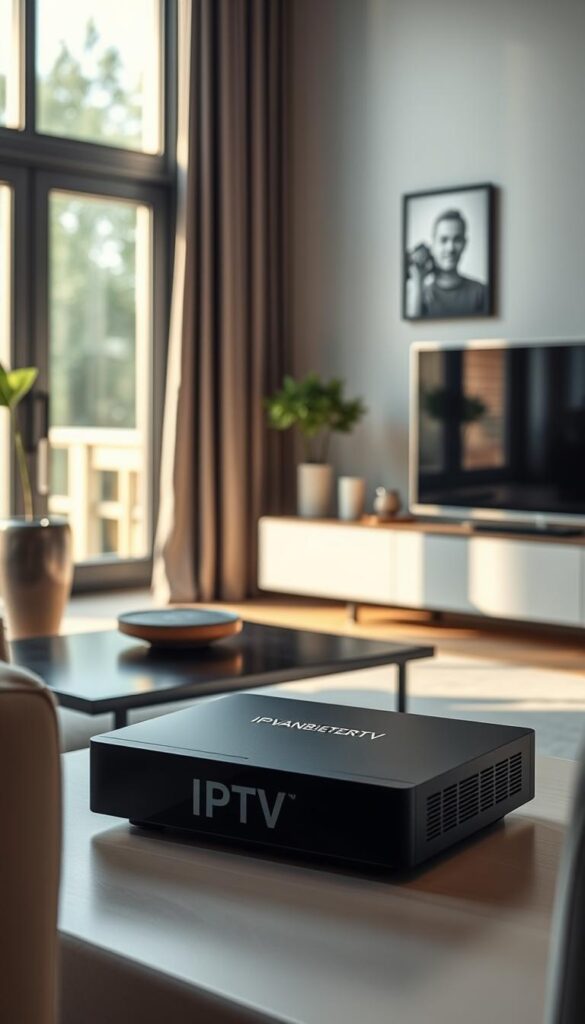 A cinematic, high-resolution image of an IPTV set-top box surrounded by a sleek, minimalist home entertainment setup. The box features the bold branding "IPTVANBIETERTV" in a modern, clean typeface. The lighting is soft and diffused, creating a warm, inviting atmosphere. The image is shot from a slightly elevated angle, emphasizing the elegant design of the device. The background is a modern, minimalist living room with tasteful decor and large windows, allowing natural light to filter in. The overall scene conveys a sense of sophistication and legal compliance, perfectly suited to illustrate the section on the legal status of IPTV in Germany.