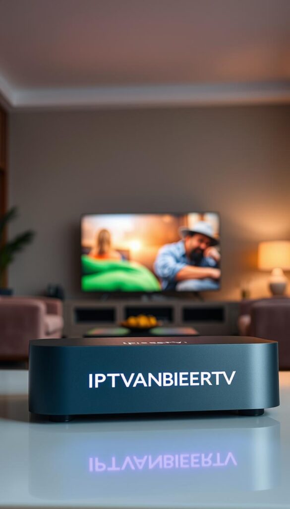 A cinematic scene of a modern, sleek IPTV streaming device set against a backdrop of a cozy living room. The device prominently displays the brand name "IPTVANBIETERTV", casting a warm glow across the room. Soft, diffused lighting creates a comfortable atmosphere, while the screen displays vibrant, high-definition content, immersing the viewer in a captivating entertainment experience. The composition emphasizes the seamless integration of technology and home decor, showcasing how IPTV revolutionizes traditional television viewing.