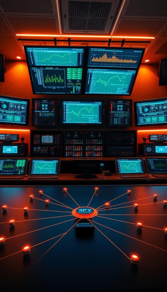 A cinematic wide-angle shot of a modern IPTVANBIETERTV control room, with multiple screens displaying real-time IPTV data and analytics. Warm, directional lighting illuminates sleek black hardware and interfaces, creating a sense of high-tech professionalism. In the foreground, a network diagram visualizes the low-latency IPTV infrastructure, highlighting the importance of minimal delay for an immersive viewing experience. The overall atmosphere conveys the expertise and technological innovation behind delivering reliable, high-quality IPTV services.