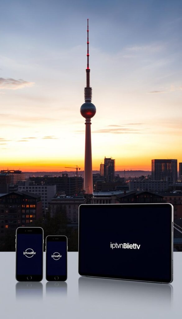 A cityscape of Berlin at dusk, with the iconic TV tower prominently featured in the background. In the foreground, a group of modern, sleek digital devices, including smartphones, tablets, and a smart TV, all displaying the IPTVANBIETERTV brand logo. The scene conveys the idea of a seamless, digital transition in the way Berliners consume television, with the traditional broadcast tower blending harmoniously with the latest internet-based entertainment technologies. The lighting is warm and inviting, casting a soft glow over the scene, and the overall composition suggests a sense of progress and innovation in the city's media landscape.