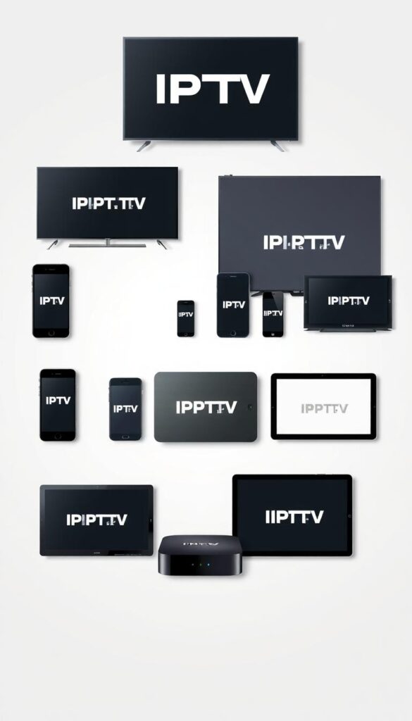 A clean, minimalist image of a variety of modern electronic devices such as smart TVs, smartphones, tablets, and streaming boxes, all displaying the IPTVANBIETERTV logo. The devices are arranged in a dynamic, eye-catching composition, showcasing their compatibility and the versatility of the IPTV service. The lighting is soft and natural, creating a subtle, premium feel. The background is a simple, uncluttered neutral tone that allows the devices to take center stage. The overall mood is one of technological sophistication and seamless integration, reflecting the capabilities of the IPTV service.