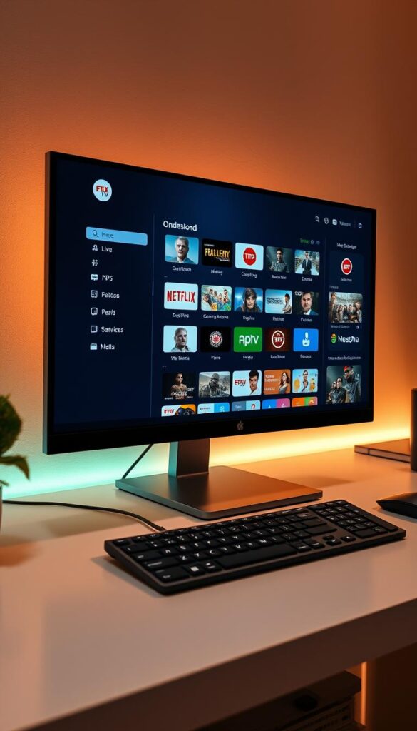 A clean, modern PC setup with a large, high-resolution display showcasing the IPTVANBIETERTV IPTV service interface. The screen displays a diverse selection of live TV channels, on-demand content, and intuitive navigation menus. The PC is positioned on a sleek, minimalist desk, with a wireless keyboard and mouse for seamless control. Warm, indirect lighting illuminates the scene, creating a comfortable, inviting atmosphere. The overall composition emphasizes the ease and convenience of accessing a vast IPTV library directly on a personal computer.