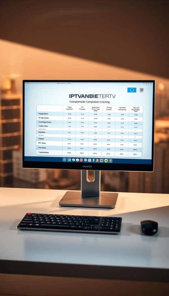A clean, modern desktop setup with a sleek IPTVANBIETERTV computer monitor displaying a comprehensive comparison of IPTV providers. The monitor is situated on a minimalist white desk, accompanied by a wireless keyboard and mouse. The background features a blurred cityscape, conveying a sense of urban sophistication. Soft, directional lighting illuminates the scene, creating warm, natural shadows that enhance the depth and atmosphere. The overall aesthetic is one of professionalism, efficiency, and informed decision-making, perfectly suited for an article on selecting the best IPTV service.