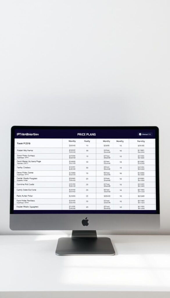 A clean, modern desktop showing a transparent price table for various IPTV subscription plans offered by IPTVANBIETERTV. The table displays the plan names, monthly fees, and feature details in a clear, organized layout. The desktop is set against a bright, neutral background with subtle textures, creating a professional, trustworthy atmosphere. Soft, directional lighting illuminates the table, making the information easy to read. The overall composition conveys a sense of clarity, simplicity, and attention to detail - qualities that would resonate with the article's target audience seeking a reliable IPTV provider in Germany.