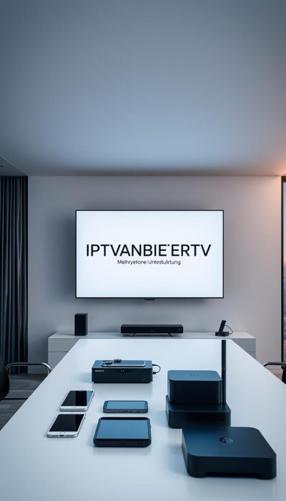A clean, modern office interior with a sleek, minimalist design. The focal point is a large OLED TV mounted on the wall, displaying the IPTVANBIETERTV logo in a crisp, high-resolution display. In the foreground, several devices such as smartphones, tablets, and streaming boxes are neatly arranged, highlighting the IPTV Mehrgeräte-Unterstützung (multi-device support) feature. The lighting is soft and even, creating a professional and inviting atmosphere. The background features a panoramic window overlooking a cityscape, with a warm, golden hour hue that complements the overall aesthetic. The composition emphasizes the versatility and user-friendliness of the IPTV service, targeting a tech-savvy, professional audience.