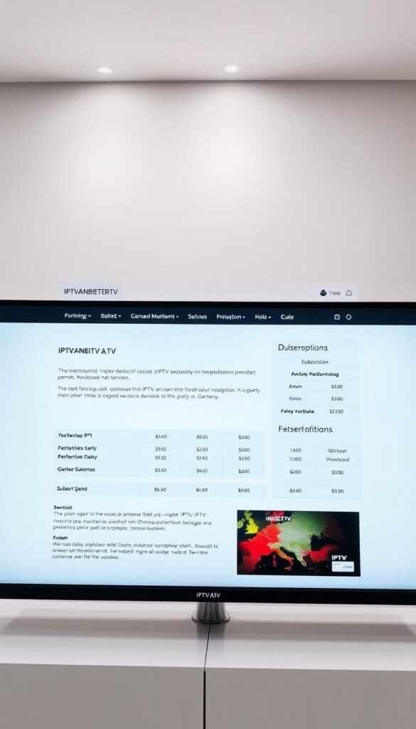 A clean, modern website interface featuring the "IPTVANBIETERTV" brand prominently displayed. The screen shows a detailed price breakdown and subscription options for their IPTV service, with a sleek and minimalist design. The interface is illuminated by soft, diffused lighting, creating a professional and trustworthy atmosphere. The layout is balanced and organized, showcasing the key details in an accessible manner. The overall aesthetic conveys a sense of reliability and high-quality service, tailored to the German market.