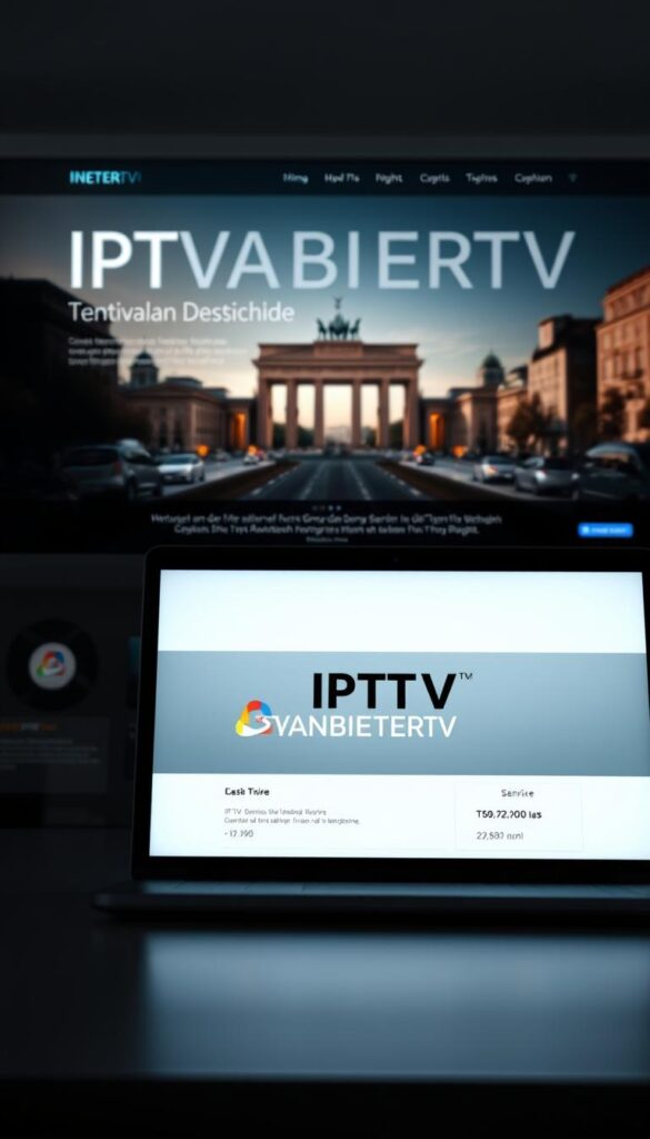 A clean, modern website interface for IPTVANBIETERTV, showcasing their IPTV Deutschland service. The layout features a sleek, high-contrast design with bold typography. In the center, a large hero image depicts a German cityscape, with landmarks like the Brandenburg Gate visible. The image has a crisp, cinematic quality, with dramatic lighting that casts long shadows. In the foreground, a laptop or tablet displays the IPTVANBIETERTV logo and pricing information, emphasizing the German service and subscription options. The overall mood is professional, high-tech, and visually compelling, reflecting the quality and value of the IPTV service.