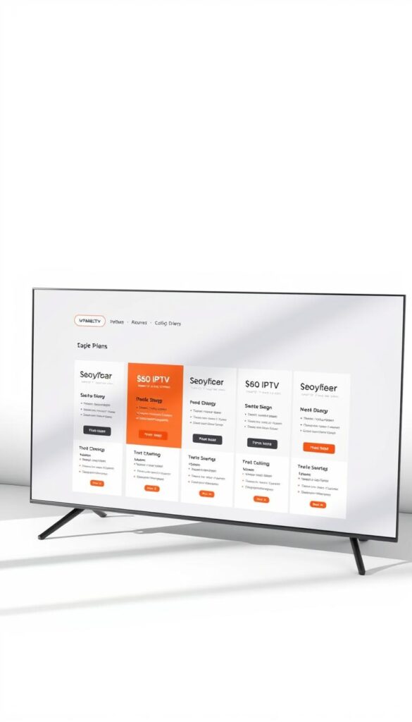 A clean, modern website layout featuring the IPTVANBIETERTV logo, displaying a grid of IPTV subscription plans with clear pricing and feature information. The plans are presented in a minimalist, easy-to-scan format against a simple, neutral background, with subtle gradients and soft shadows to add depth. The overall aesthetic is professional, trustworthy, and designed to highlight the key details of the IPTV offerings without distractions. Bright, natural lighting casts an airy, inviting atmosphere, and the camera is positioned to capture the layout at a slight angle, creating a dynamic, visually engaging composition.