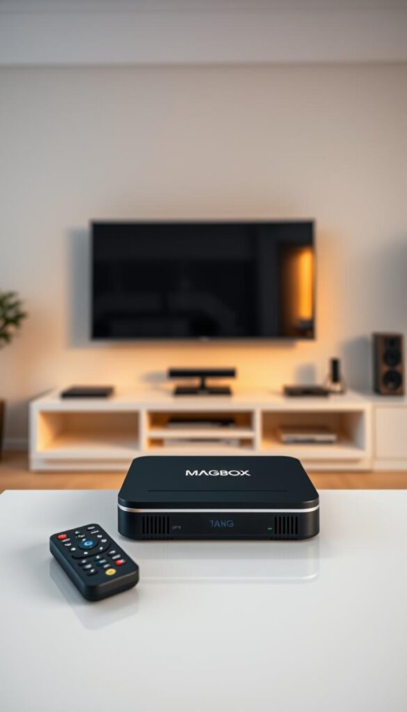 A clean, well-lit home entertainment setup with a modern MAG-Box IPTV device prominently displayed on a stylish media cabinet. The device features the IPTVANBIETERTV brand logo, showcasing its sleek and compact design. In the foreground, a minimalist remote control lies within easy reach, suggesting the simple and intuitive user experience. The middle ground reveals a large, high-definition television screen, casting a warm, inviting glow. The background features a cozy, neutral-toned living room setting, creating a harmonious and welcoming atmosphere. Soft, diffused lighting and a shallow depth of field emphasize the focal point of the MAG-Box IPTV device, highlighting its central role in the seamless IPTV setup.