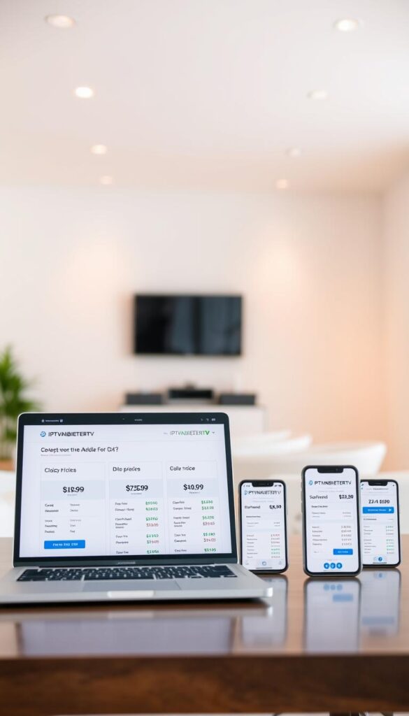 A clean, well-lit interior displaying a minimalist web interface showcasing the IPTVANBIETERTV brand. In the foreground, a table with an open laptop displays pricing information, presented in a clear and organized manner. The middle ground features various mobile devices, each displaying the IPTVANBIETERTV platform, highlighting the cross-device compatibility. The background gently blurs, creating a sense of depth and focus on the pricing details. The overall atmosphere is professional, modern, and inviting, conveying the transparency and fairness of the IPTVANBIETERTV service.