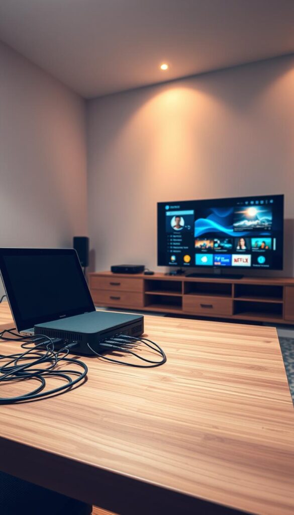 A clean, well-lit room with a modern, minimalist aesthetic. On a sleek wooden desk, an IPTVANBIETERTV device sits next to a laptop, both connected by a neatly organized array of cables. The room is bathed in warm, indirect lighting, casting a soft glow on the setup. In the background, a large, high-definition display showcases the IPTV interface, demonstrating the seamless integration and user-friendly experience. The overall scene conveys a sense of efficiency, simplicity, and the ease of setting up a reliable IPTV solution, even with a poor internet connection.