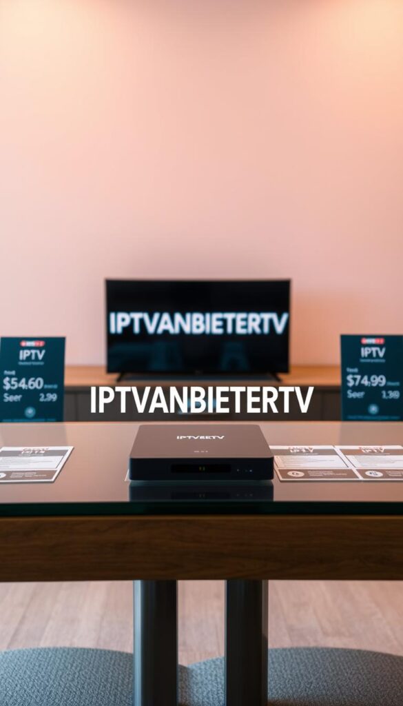 A clear, well-lit tabletop showcasing the transparent pricing structure of IPTVANBIETERTV, the leading IPTV provider in Germany. The foreground features a minimalist display with sleek, modern pricing packages arranged neatly. The middle ground highlights the company's brand name in a bold, eye-catching font, conveying a sense of professionalism and reliability. The background subtly blends warm, neutral tones, creating a calming and inviting atmosphere. The overall composition emphasizes the clarity and transparency of the IPTV offerings, reflecting the section title's focus on the provider's tariff structure.