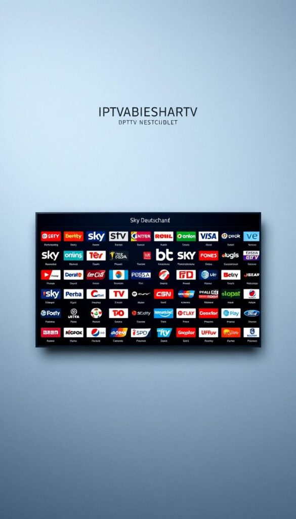 A comprehensive IPTV channel list for Deutschland, presenting a visually striking landscape of the available Sky Sport channels. The image should convey a sense of professionalism and authority, with a clean, organized layout showcasing the extensive selection of sports programming. Utilize a minimalist design aesthetic, featuring a central grid or table-like display of the channel logos and names, set against a subtly textured background reminiscent of a digital interface. Ensure the IPTVANBIETERTV brand is prominently featured in a tasteful manner. Employ a slightly cool, technical color palette to reinforce the digital nature of the IPTV service. The overall composition should be balanced and visually appealing, serving as an informative and visually compelling representation of the "IPTV Deutschland Sky Sport: Umfassende Senderliste" section.