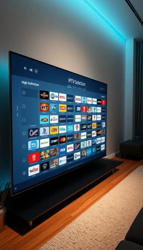 A comprehensive IPTV service selection interface, meticulously designed to showcase the extensive channel offerings of IPTVANBIETERTV. The interface features a sleek, minimalist layout with intuitive navigation, allowing users to effortlessly browse and select from a vast array of high-definition channels. Soft, ambient lighting illuminates the display, creating a calm and inviting atmosphere. The screen is captured from a slightly elevated angle, emphasizing the depth and breadth of the channel selection. The interface is rendered in a warm, subdued color palette, complementing the sophisticated and professional nature of the IPTVANBIETERTV brand.