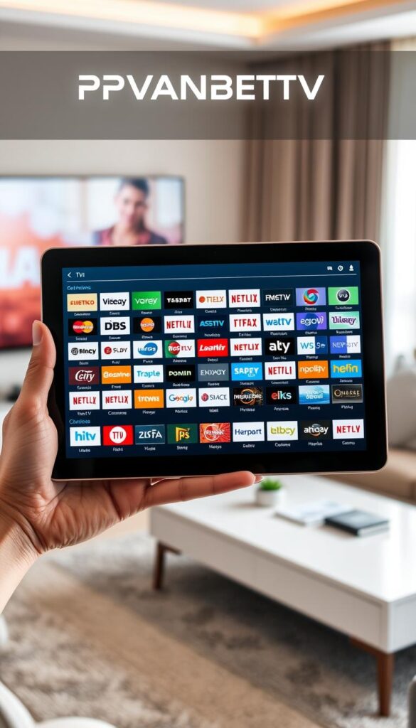 A comprehensive TV channel listing displayed on a sleek, modern tablet device. The screen shows a neatly organized grid of channel logos and names, showcasing the breadth and depth of the IPTVANBIETERTV IPTV service's offering. The tablet is held in an elegant hand, conveying a sense of refinement and ease of use. The background is a softly blurred living room setting, with neutral tones and subtle lighting to keep the focus on the screen. The overall composition exudes a premium, high-quality aesthetic that reflects the reliable and extensive IPTV experience.