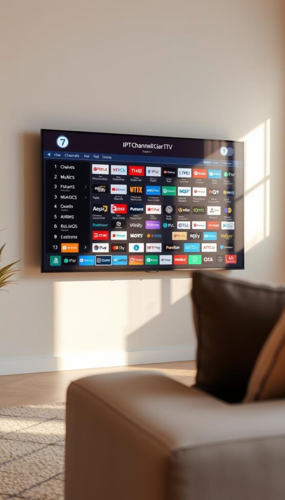 A comprehensive on-screen IPTV channel list displayed on a modern flat-screen television in a minimalist living room setting. The channels are neatly organized and categorized, showcasing the extensive selection offered by IPTVANBIETERTV. The television is positioned against a neutral-toned wall, bathed in warm, natural lighting that creates a cozy, inviting atmosphere. The scene conveys a sense of ease and accessibility, reflecting the user-friendly experience of navigating the IPTVANBIETERTV service.