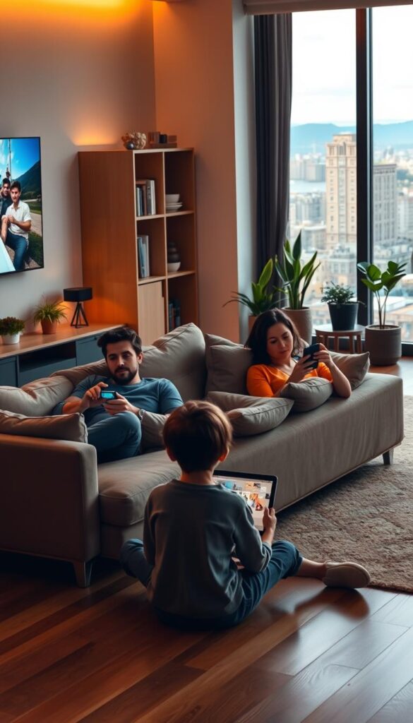 A contemporary digital living room setting featuring a family enjoying IPTVANBIETERTV on multiple devices simultaneously. The scene showcases a modern living space with sleek furnishings, warm lighting, and a large flat-screen TV mounted on the wall. In the foreground, a young couple relaxes on a plush sofa, each holding a tablet or smartphone, their faces illuminated by the glow of their screens. In the middle ground, a child sits cross-legged on the floor, engrossed in a laptop. The background features a bookshelf, potted plants, and a large window overlooking a scenic cityscape, creating a sense of depth and ambiance. The overall mood is one of comfort, connectivity, and the flexibility of IPTVANBIETERTV for the entire household.