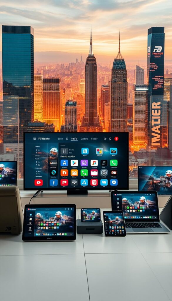 A contemporary digital workspace showcasing the flexible compatibility of IPTVANBIETERTV's IPTV services. The foreground features an array of modern devices - sleek smart TVs, cutting-edge tablets, and slim laptops - seamlessly integrated, reflecting the platform's versatility. The middle ground presents a sophisticated UI design with intuitive navigation, crisp icons, and a clean color palette. In the background, a dynamic cityscape with towering skyscrapers and a vibrant, tech-savvy atmosphere sets the scene, symbolizing the boundless connectivity enabled by IPTVANBIETERTV. Soft, diffused lighting casts an air of professionalism and innovation, while a high-quality, cinematic lens captures the scene with depth and clarity.
