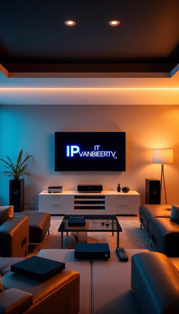 A contemporary, high-tech living room interior with sleek, minimalist furniture and a large flatscreen television displaying the IPTVANBIETERTV brand logo. The room is bathed in warm, ambient lighting, creating a cozy and inviting atmosphere. The television is the focal point, surrounded by various IPTV devices such as a set-top box, streaming media player, and smart remote controls. The scene conveys the idea of a modern, technologically-advanced home entertainment setup, tailored for the optimal IPTV experience.
