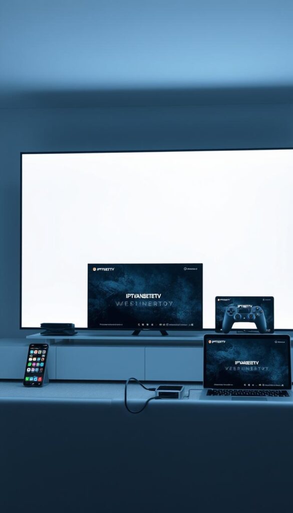 A contemporary, high-tech scene showcasing the versatile compatibility of the IPTVANBIETERTV service. In the foreground, a sleek, minimalist television set with a crisp, vibrant display. Surrounding it, an array of modern devices - a smartphone, tablet, gaming console, and laptop - seamlessly connected and streaming IPTVANBIETERTV content. The lighting is clean and bright, with a slightly cool tone to convey a sense of technological sophistication. The background features a subtle, gradient-based environment, hinting at the wide range of platforms and devices supported by the IPTVANBIETERTV service. The overall atmosphere is one of seamless integration, efficiency, and the future of digital entertainment.