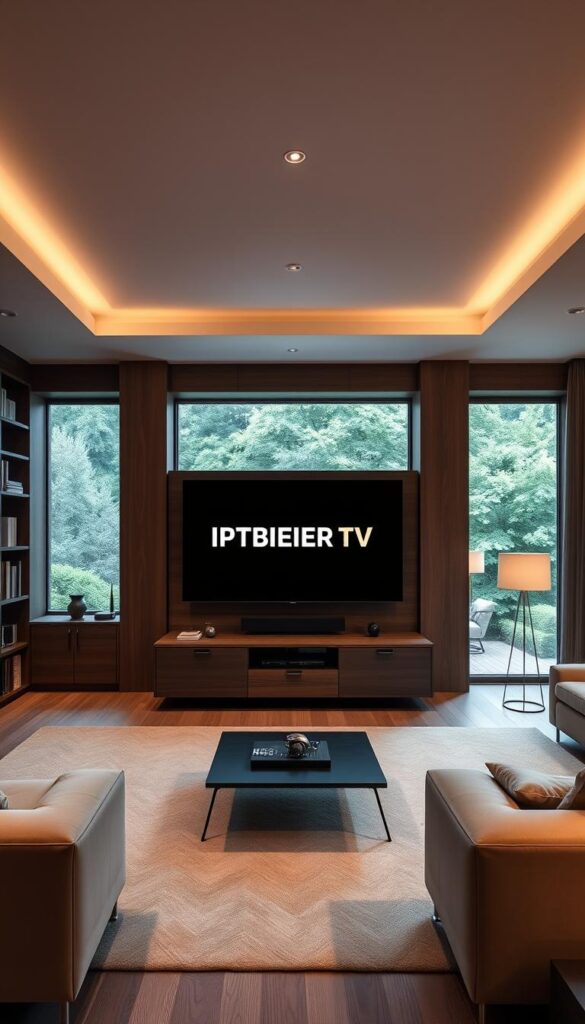 A contemporary home interior with a sleek, minimalist aesthetic. In the center, a large, high-definition television screen displays the IPTVANBIETERTV brand logo. The screen is mounted on a modern, floating media console in a rich, dark wood finish. Surrounding the television, bookshelves and storage units in a complementary style create a harmonious, technology-focused living space. Indirect lighting from recessed ceiling fixtures and floor lamps casts a warm, inviting glow throughout the room. Large, floor-to-ceiling windows provide abundant natural light, offering a glimpse of a lush, verdant outdoor landscape beyond. The overall mood is one of contemporary sophistication, highlighting the seamless integration of IPTV technology into the modern German home.