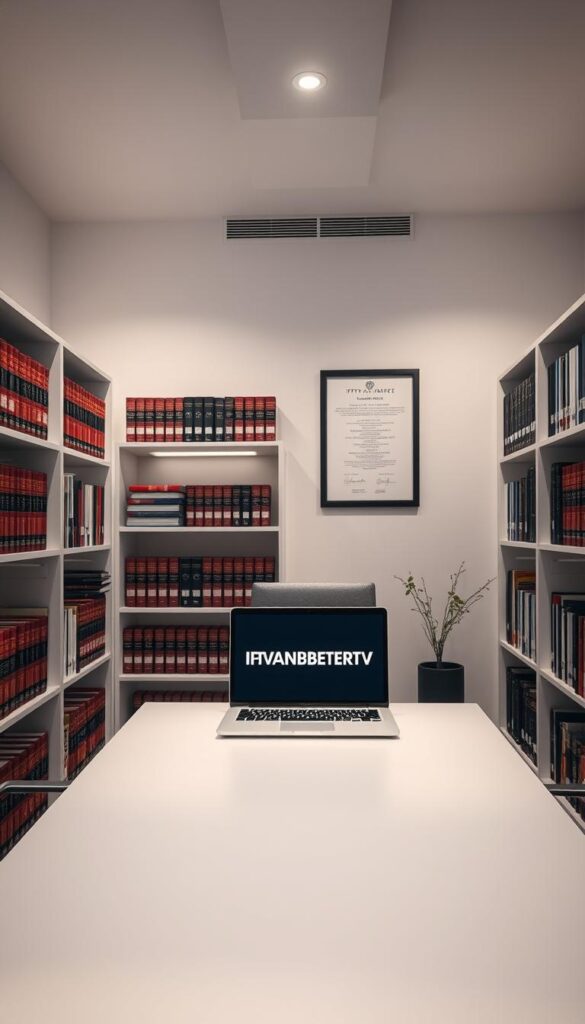 A contemporary legal office interior, showcasing the legal foundations of IPTV in Germany. The scene features a minimalist desk with a laptop displaying the "IPTVANBIETERTV" brand, surrounded by bookshelves filled with legal tomes. Soft, indirect lighting illuminates the space, creating a professional and authoritative atmosphere. The walls are adorned with framed certificates and diplomas, hinting at the expertise within. The overall composition conveys a sense of credibility, expertise, and attention to detail in the subject matter.