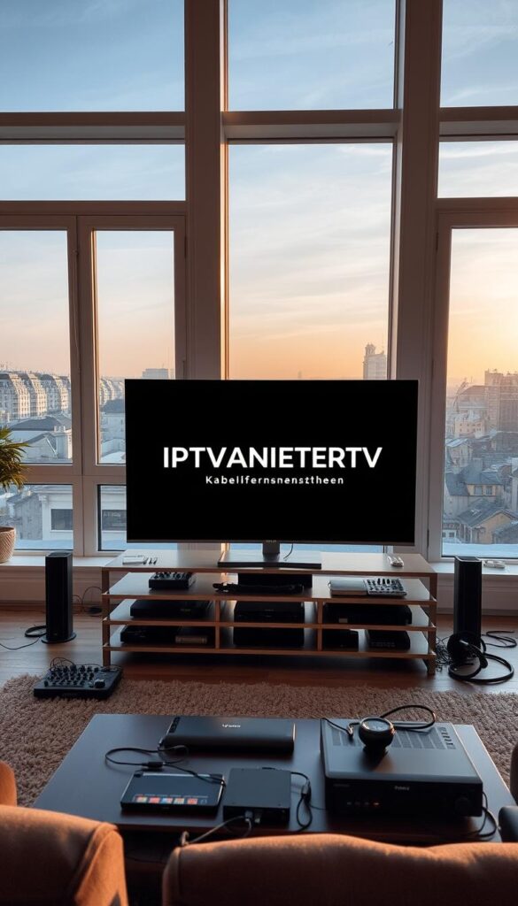 A contemporary living room, illuminated by warm, natural light filtering through large windows. In the center, a sleek, modern television set displaying the IPTVANBIETERTV brand logo. Surrounding the television, various electronic devices and cables neatly organized, representing the infrastructure of a cable television system. In the background, a cityscape visible through the windows, symbolizing the wide-reaching network of Kabelfernsehen. The scene conveys a sense of technological integration and the comforts of a connected home.