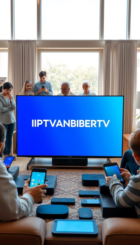 A contemporary living room with a large 4K television, multiple smartphones, tablets, and streaming devices arranged around it. The room is brightly lit with natural sunlight filtering through large windows, creating a warm and inviting atmosphere. In the foreground, the IPTVANBIETERTV logo is prominently displayed on the main TV screen, showcasing its ability to provide IPTV services across multiple devices. The middle ground features people of diverse ages and backgrounds interacting with their devices, illustrating the flexibility and convenience of the IPTV service. The background includes modern furnishings and decor, suggesting a comfortable and tech-savvy home environment.