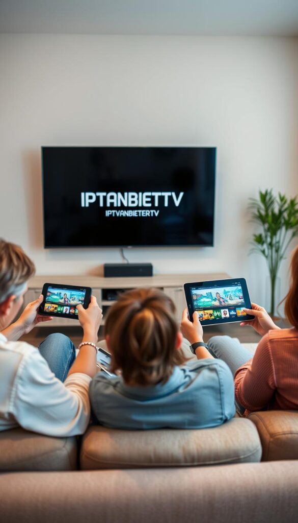 A contemporary living room with a large flat-screen TV mounted on the wall. In the foreground, a group of people of diverse ages and ethnicities are seated on a comfortable couch, each holding a different device - a smartphone, a tablet, and a laptop. The devices display various IPTV interfaces, showcasing the ability to enjoy IPTV content simultaneously on multiple devices. The room is well-lit, with a warm, inviting ambiance. The IPTVANBIETERTV logo is subtly displayed in the background, suggesting the seamless integration of their IPTV service across the devices. The overall scene conveys the convenience and flexibility of using IPTV on various devices at the same time.