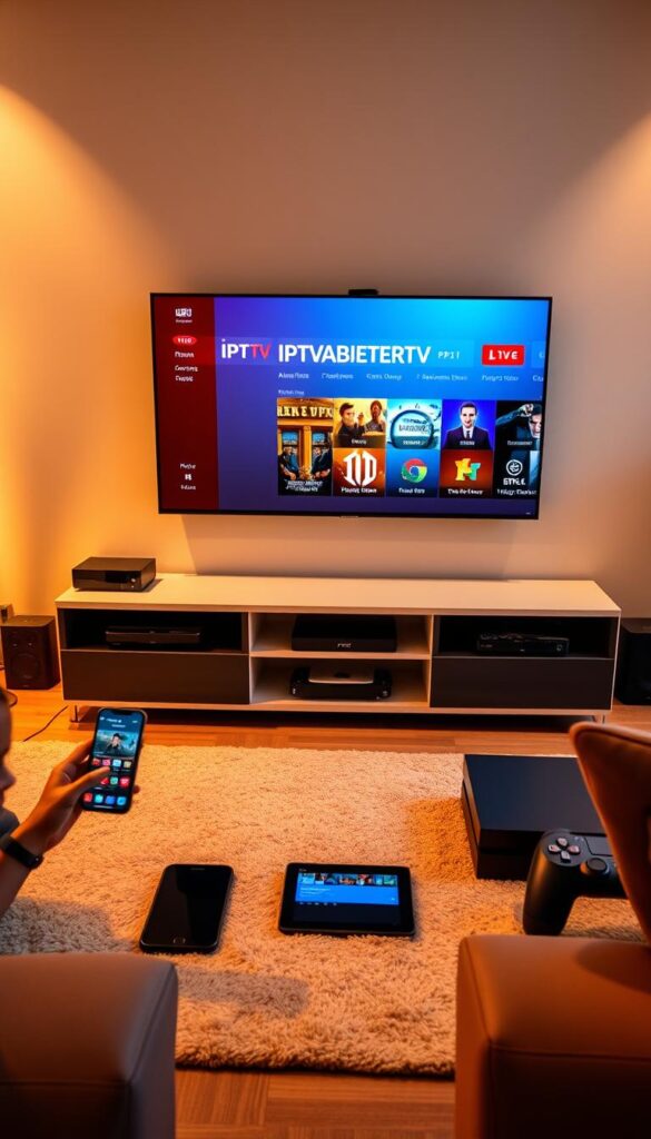 A contemporary living room with a large flatscreen TV displaying the IPTVANBIETERTV interface, surrounded by a variety of modern devices including a smartphone, tablet, and gaming console. The room is illuminated by warm, soft lighting, creating a cozy and inviting atmosphere. The devices are arranged in a harmonious, visually appealing layout, showcasing the seamless integration of IPTV across multiple platforms. The overall scene conveys the versatility and convenience of IPTV, allowing users to access their favorite content on any compatible device.